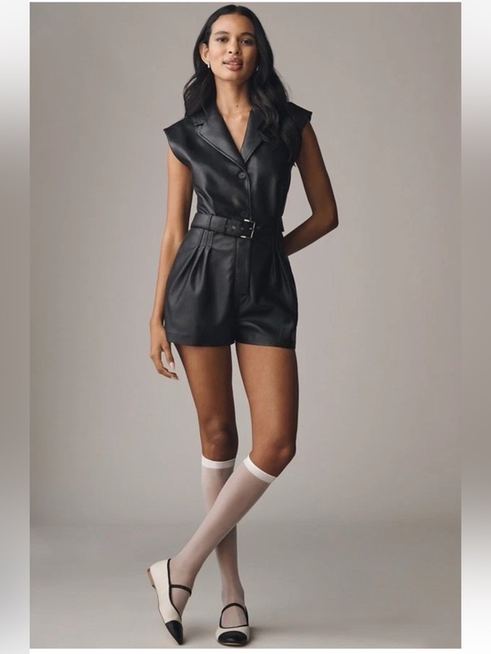 Anthropologie Pants - Anthropologie Black Faux Leather Blazer Romper Sleeveless Belt Pockets NWT $178